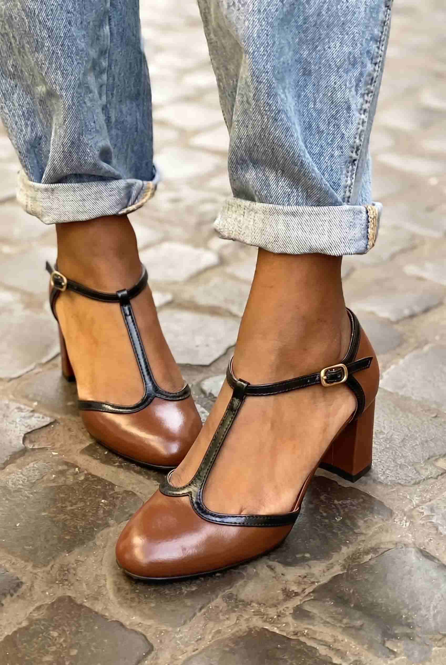 Two Tone Round Toe T-Strap Brown Block Heels [Pre Order]