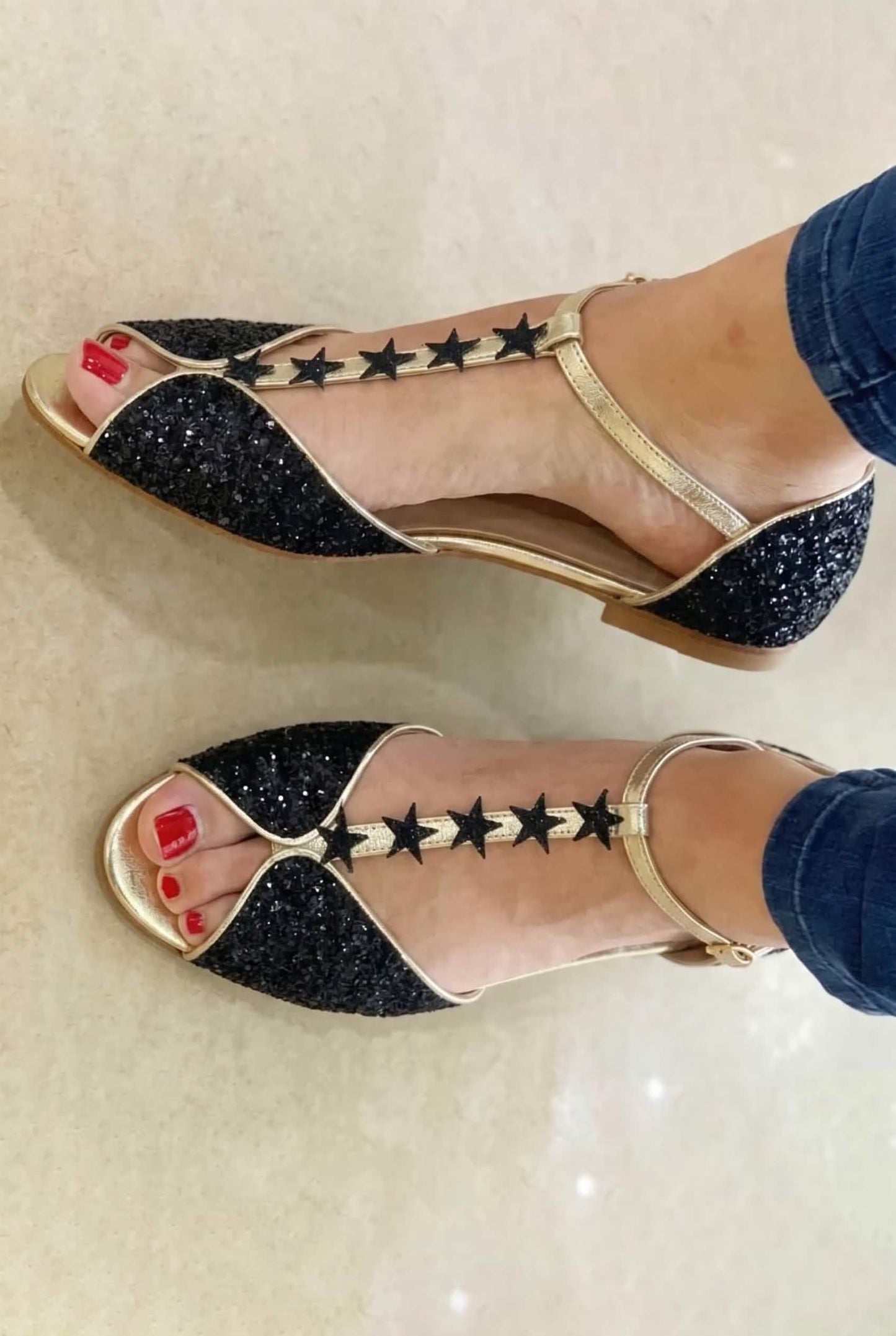 Glitter Star Open Toe T-Strap Black Flat Sandals [Pre Order]