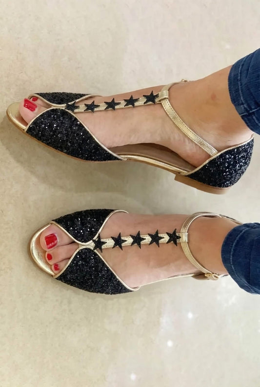Glitter Star Open Toe T-Strap Black Flat Sandals [Pre Order]