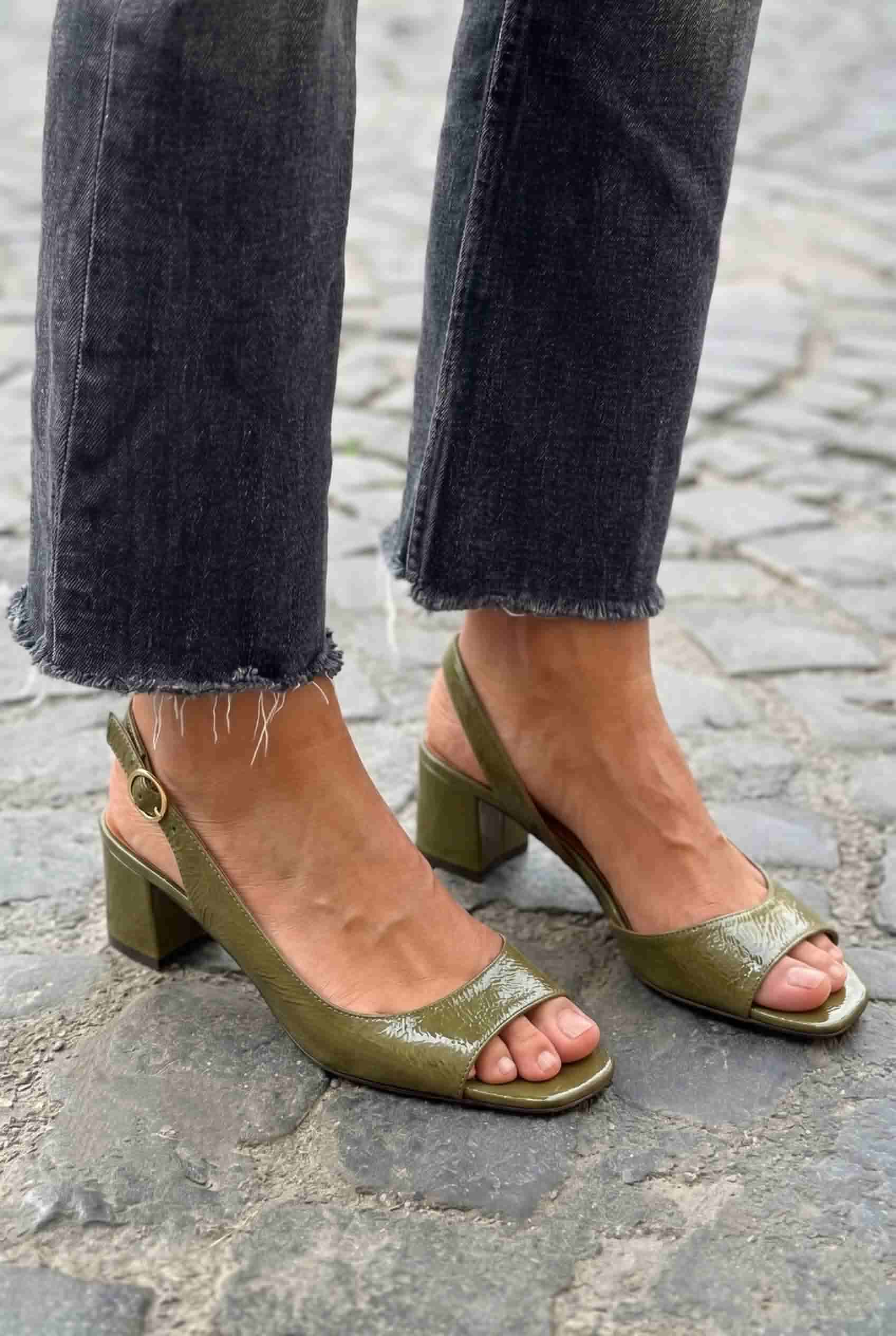 Patent Leather Open Toe Slingback Olive Block Heels [Pre Order]