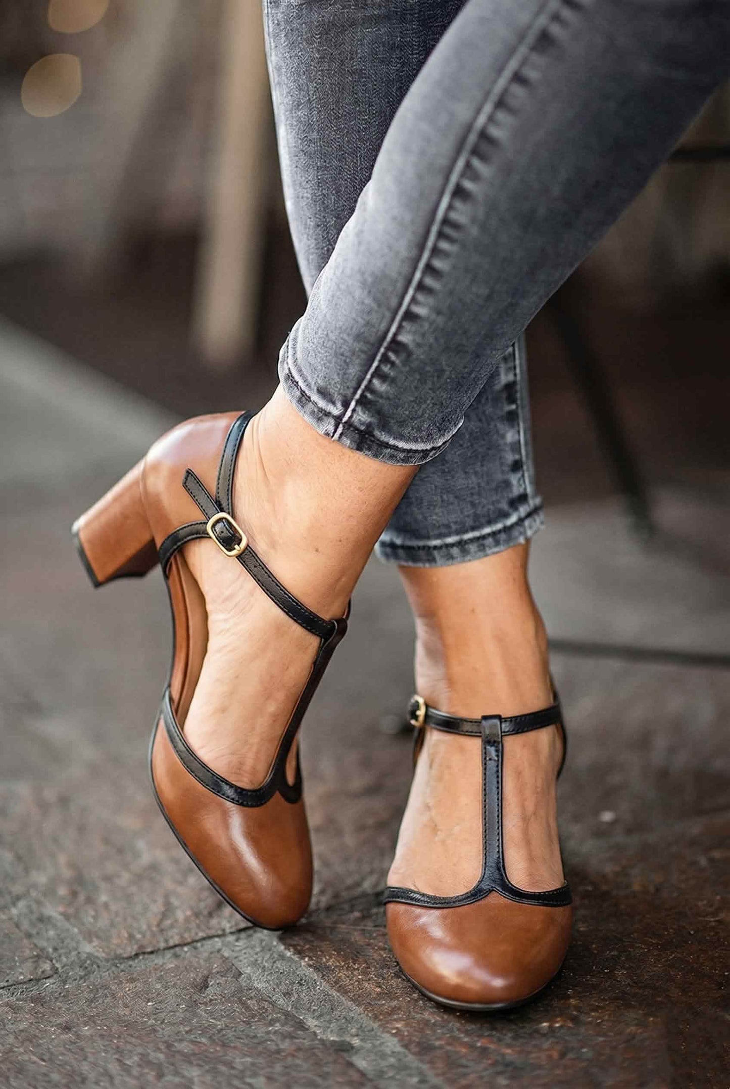 Two-Tone Leather T-Strap Round Toe Block Heels [Pre Order]