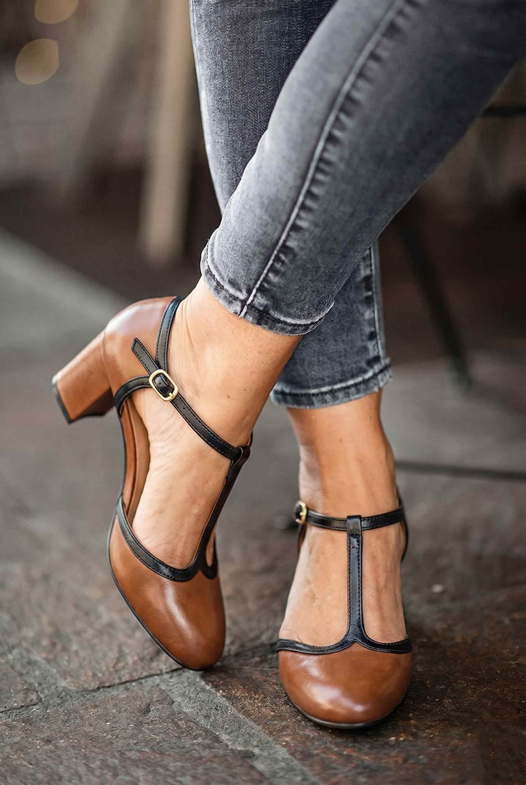 Two-Tone Leather T-Strap Round Toe Block Heels [Pre Order]