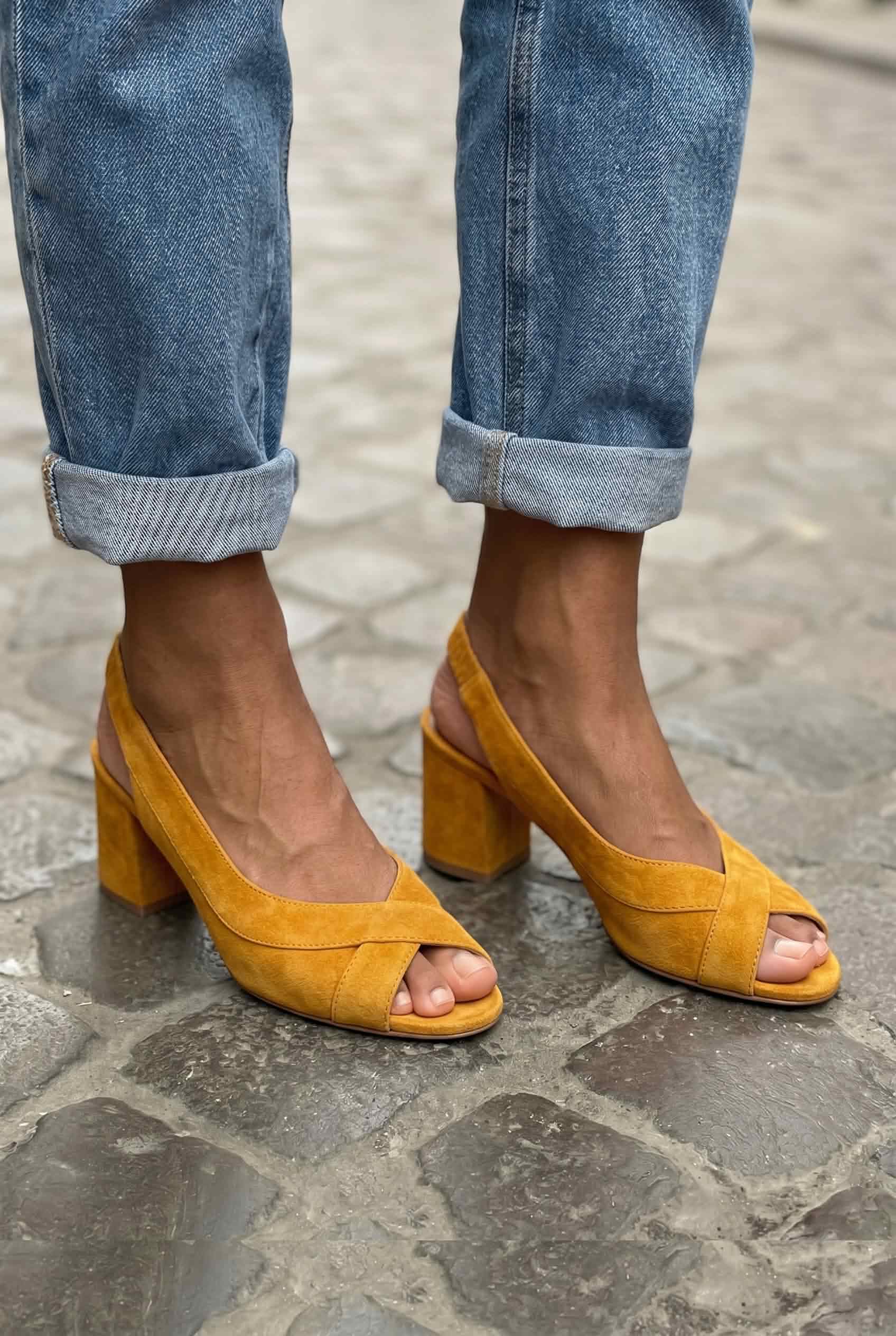 Suede Crisscross Peep Toe Slingback Block Heel Sandals [Pre Order]