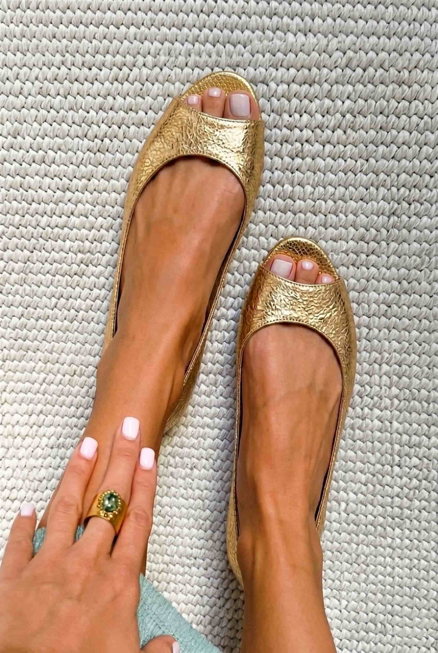Textured Snakeskin Peep Toe Flat Ballet Shoes [Pre Order]
