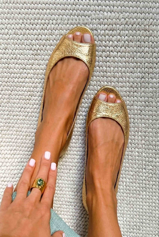 Textured Snakeskin Peep Toe Flat Ballet Shoes [Pre Order]
