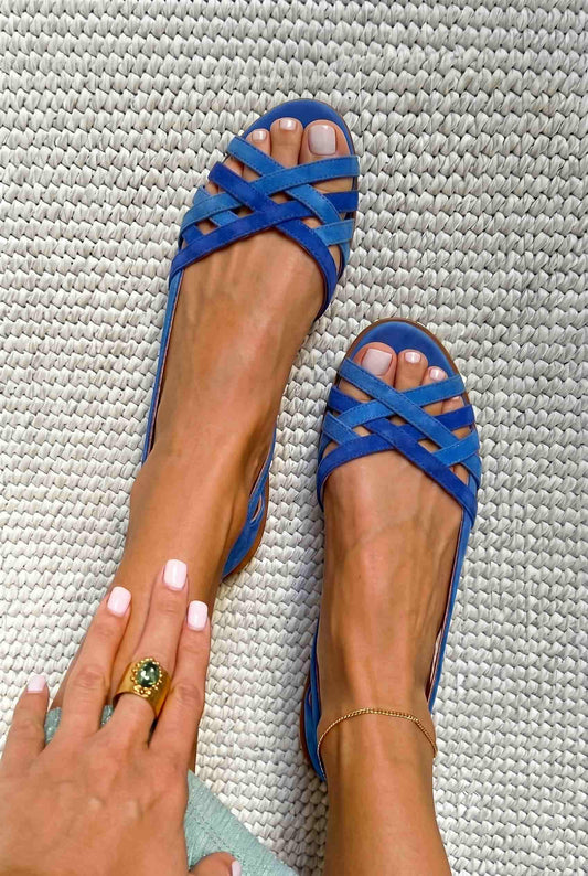 Suede Crisscross Peep Toe Flat Sandals [Pre Order]