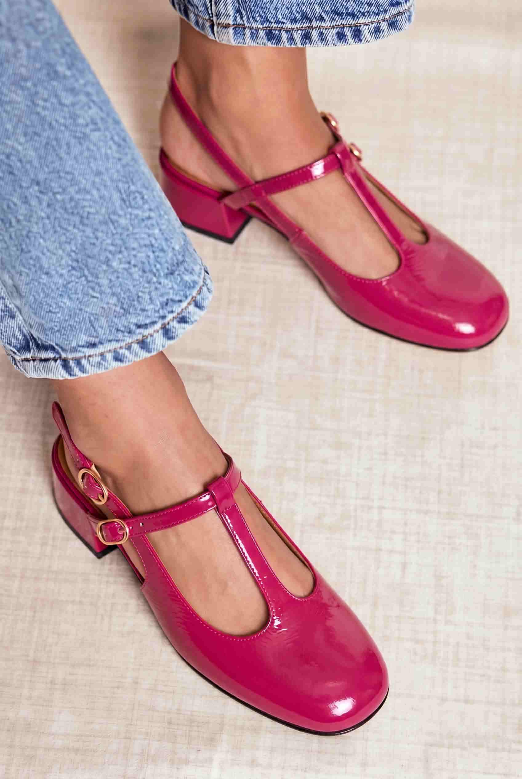 Patent T-Strap Slingback Square Toe Low Block Pumps [Pre Order]