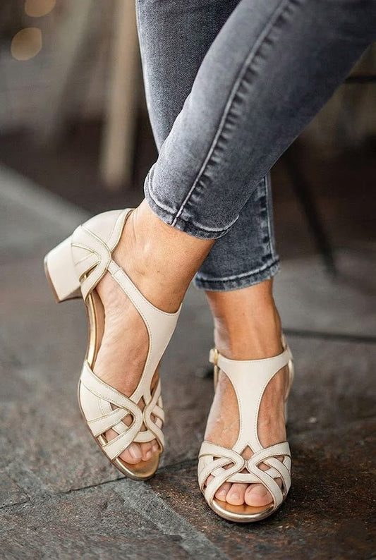 Cutout T-Strap Peep Toe Block Heel Sandals [Pre Order]