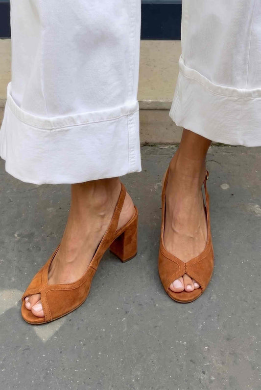 Suede Slingback Peep Toe Block Heel Sandals [Pre Order]