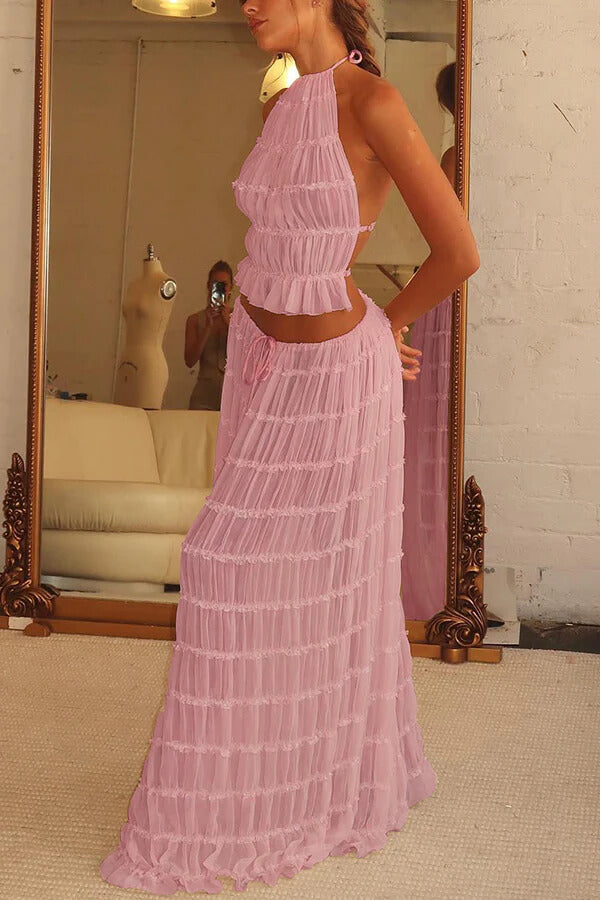 Charm Pleated Drawstring Waist Tiered Maxi Skirt set