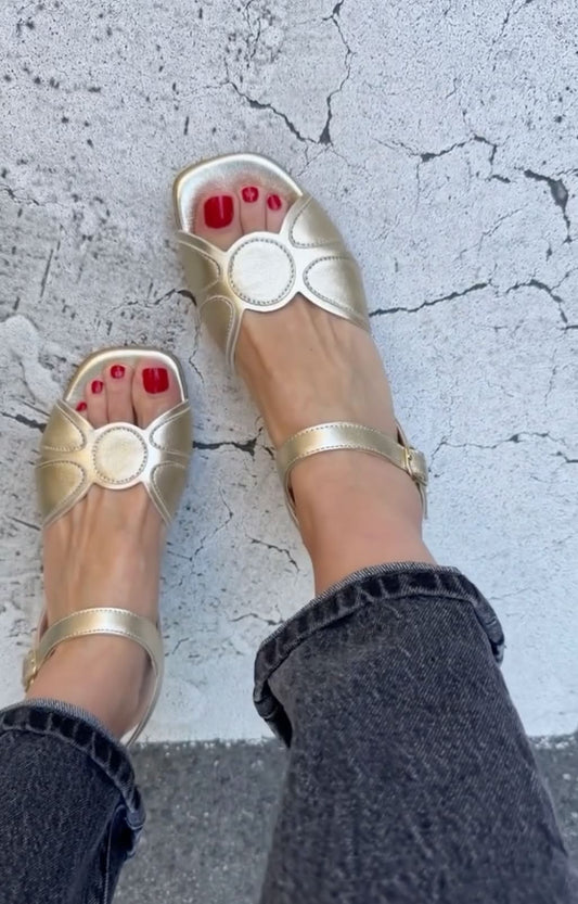 Metallic Cutout Open Toe Ankle Strap Gold Flat Sandals [Pre Order]