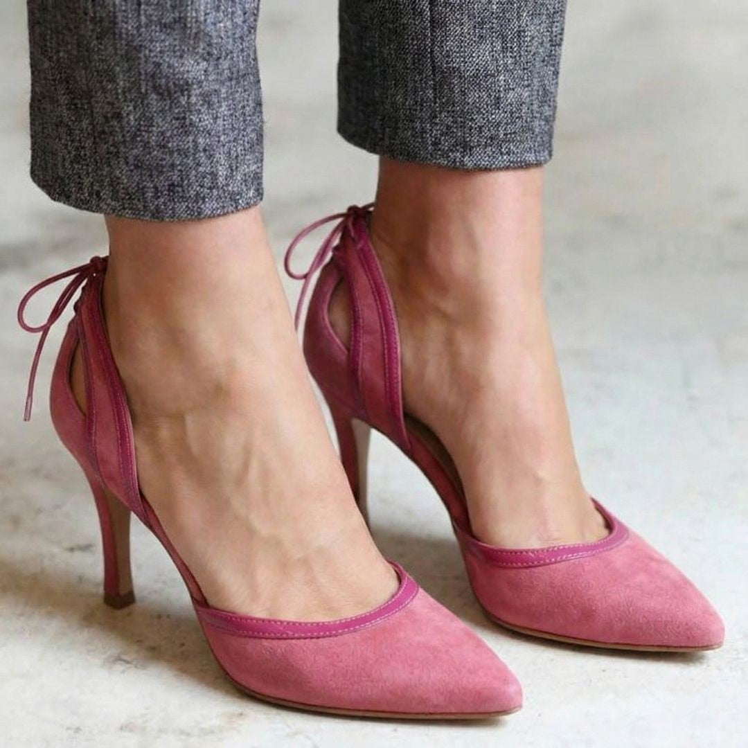 Eleganti décolleté in pelle scamosciata rosa con punta a punta e fiocco sul retro [Pre-ordine]