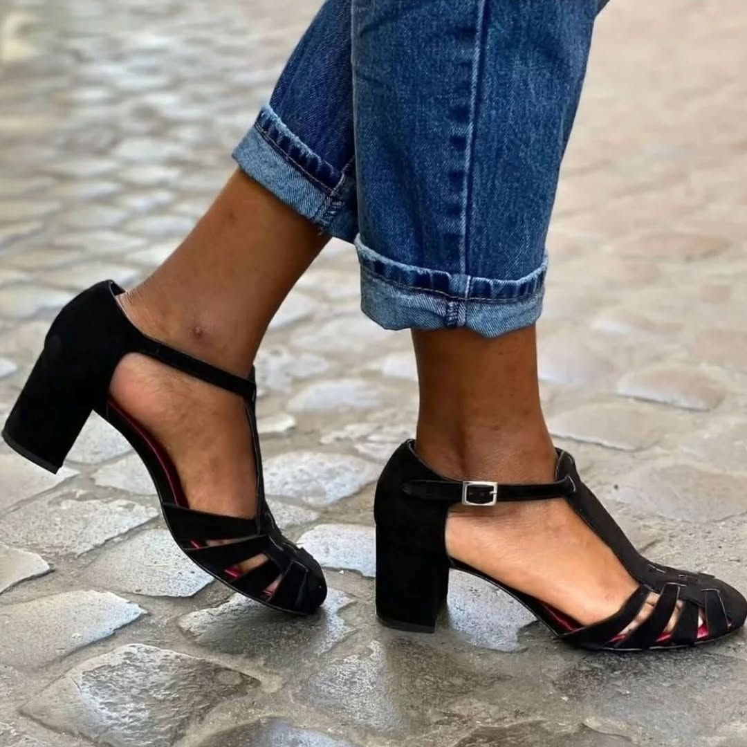Chic Faux Suede Woven T-Strap Chunky Heel Pumps [Pre Order]