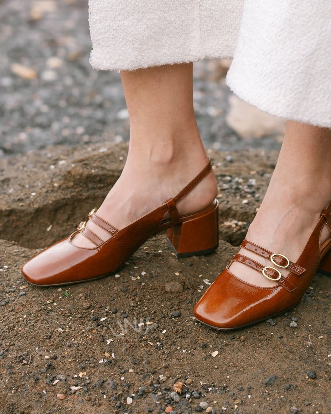Elegant Brown Glossy Square Toe Double Buckle Block Heels [Pre Order]