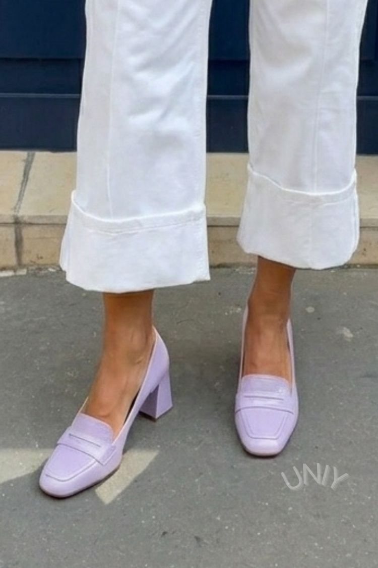 Mocassins Roxo Claro Brilhante com Bico Quadrado e Salto Bloco [Pré-venda]