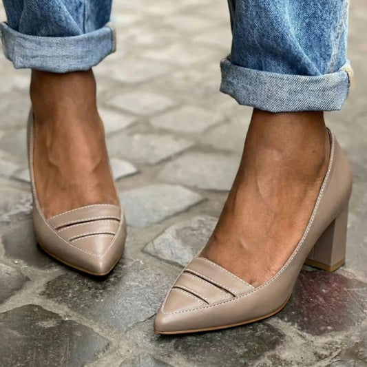 Elegant Grey Pointed Toe Stitched Detail Chunky Block Heels [Pre Order]
