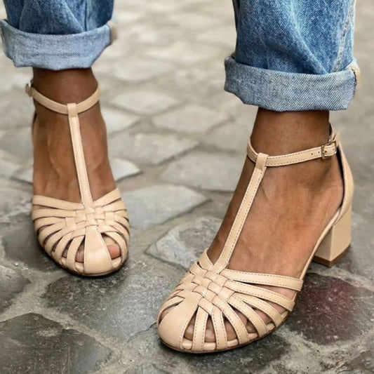 Nude Leather Woven T-Strap Block Heel Ankle Sandals [Pre Order]