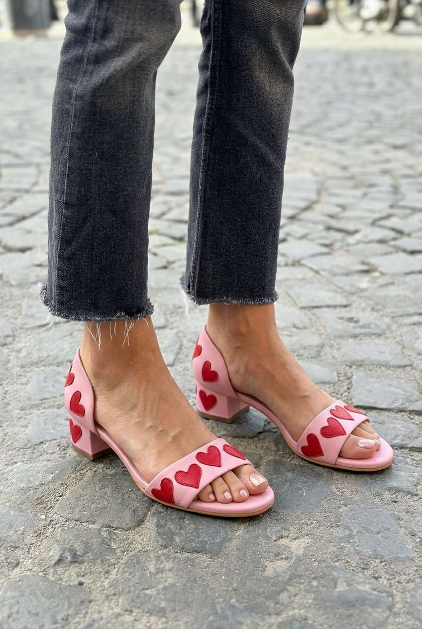 Heart Applique Open Toe Block Heel Sandals [Pre Order]