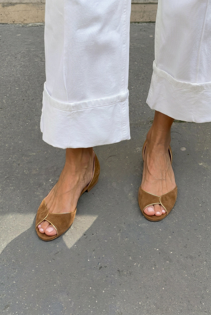 Suede D'Orsay Peep Toe Flat Sandals [Pre Order]