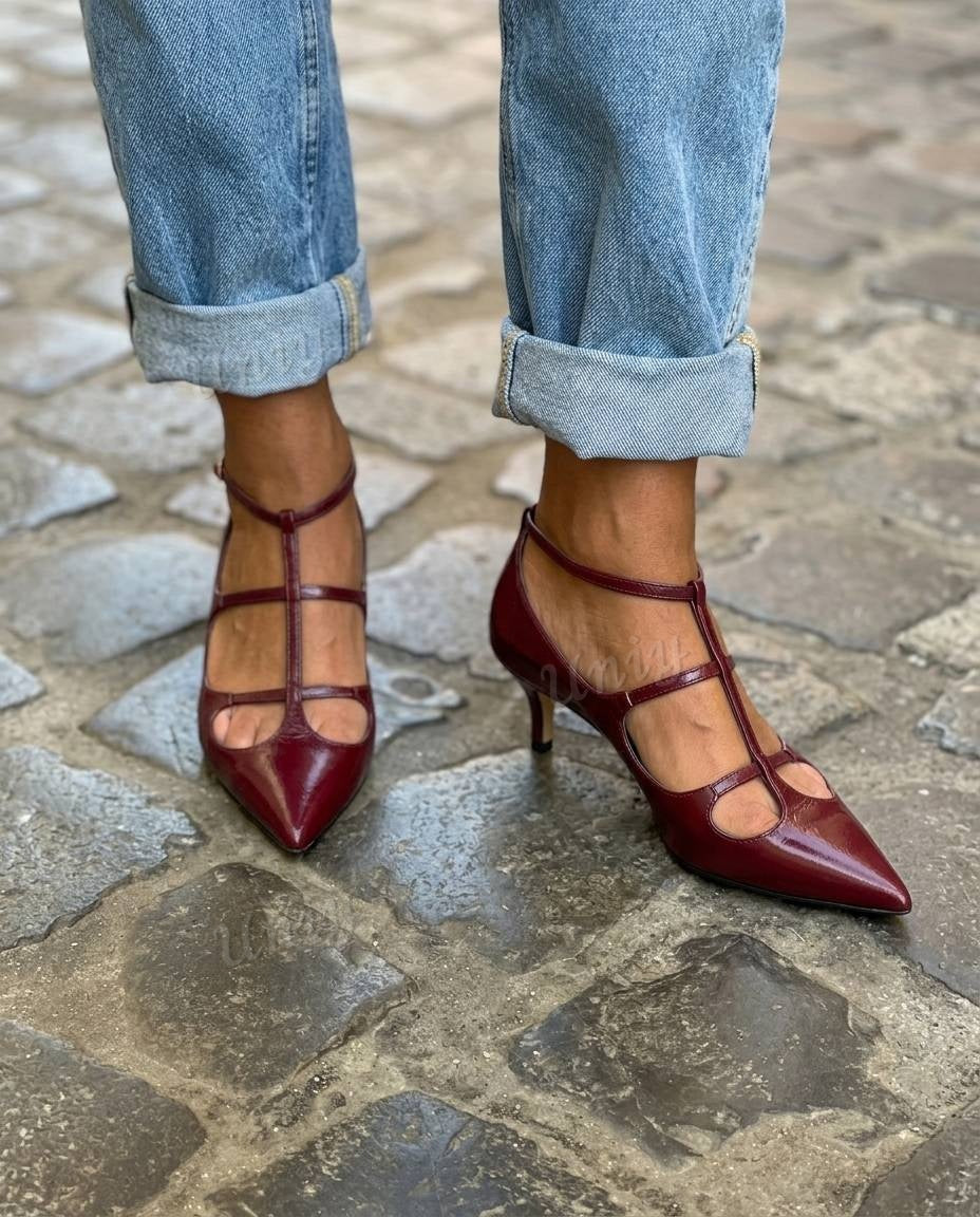 Caged T-Strap Pointed Toe Kitten Heel Pumps [Pre Order]