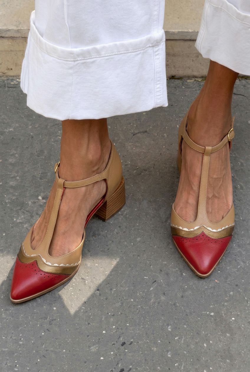 Retro Wingtip Pointed Toe T-Strap Block Heels [Pre Order]