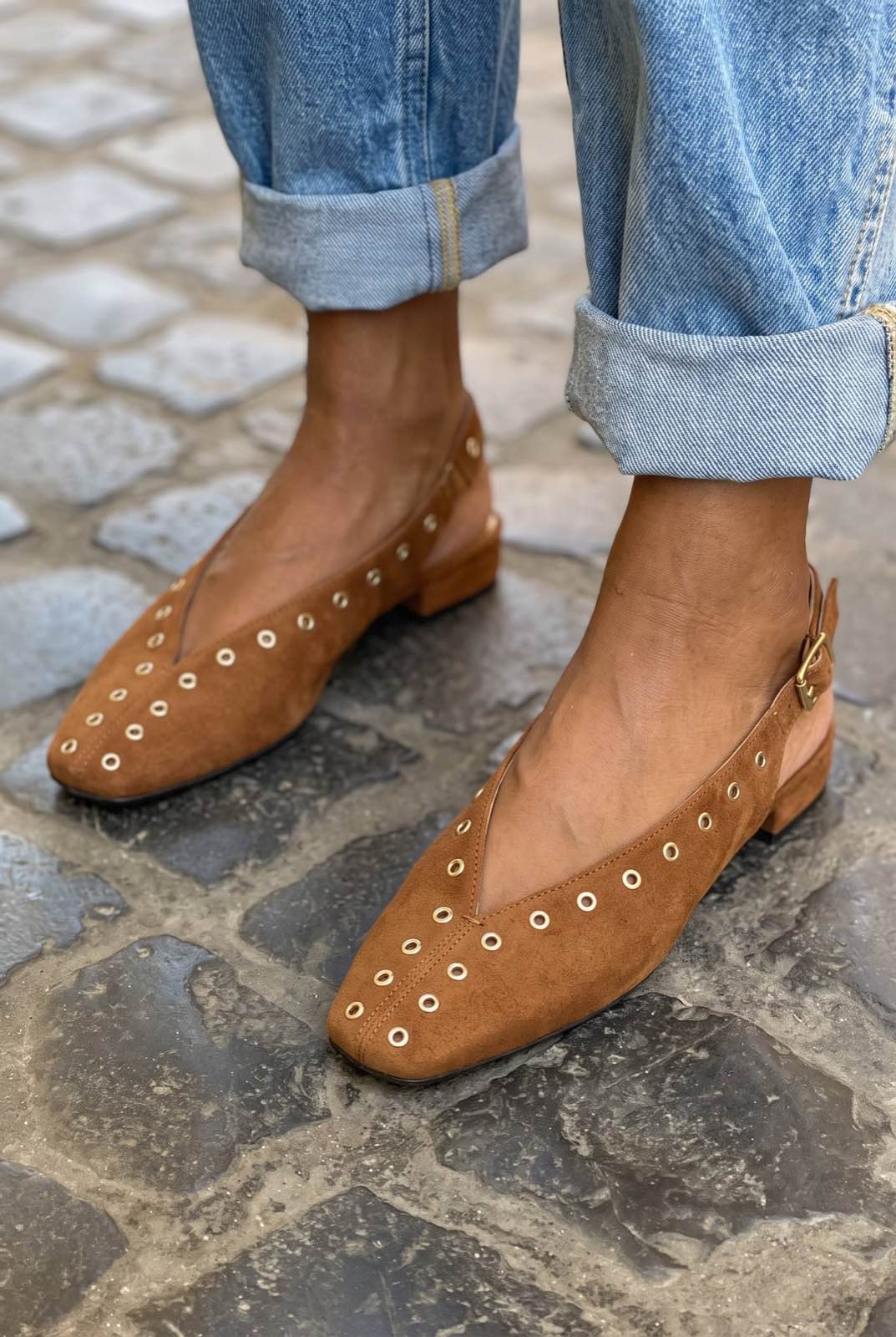 Eyelet Detail Square Toe Slingback Flat Shoes [Pre Order]