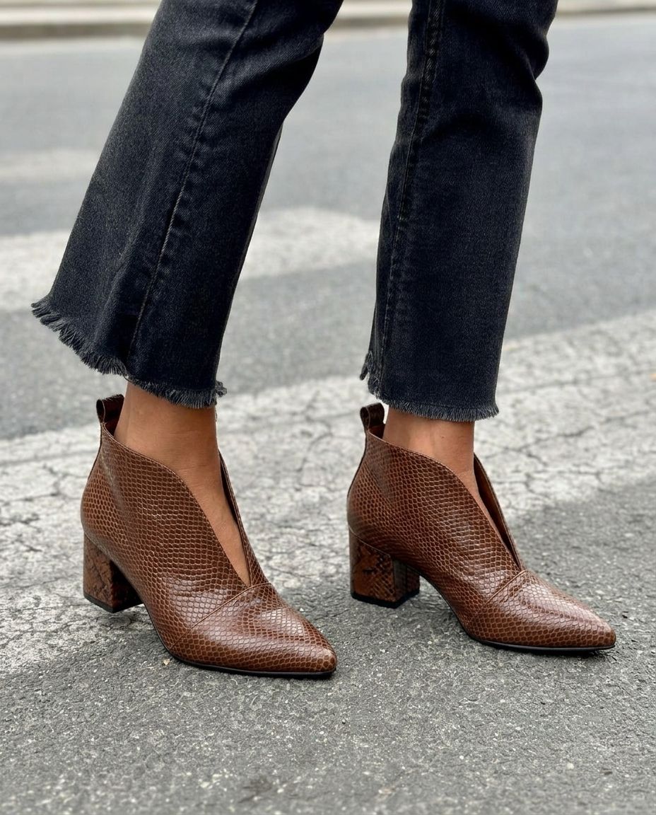 Snake Embossed Deep V Pointed Toe BlockHeel Booties [Pre Order]