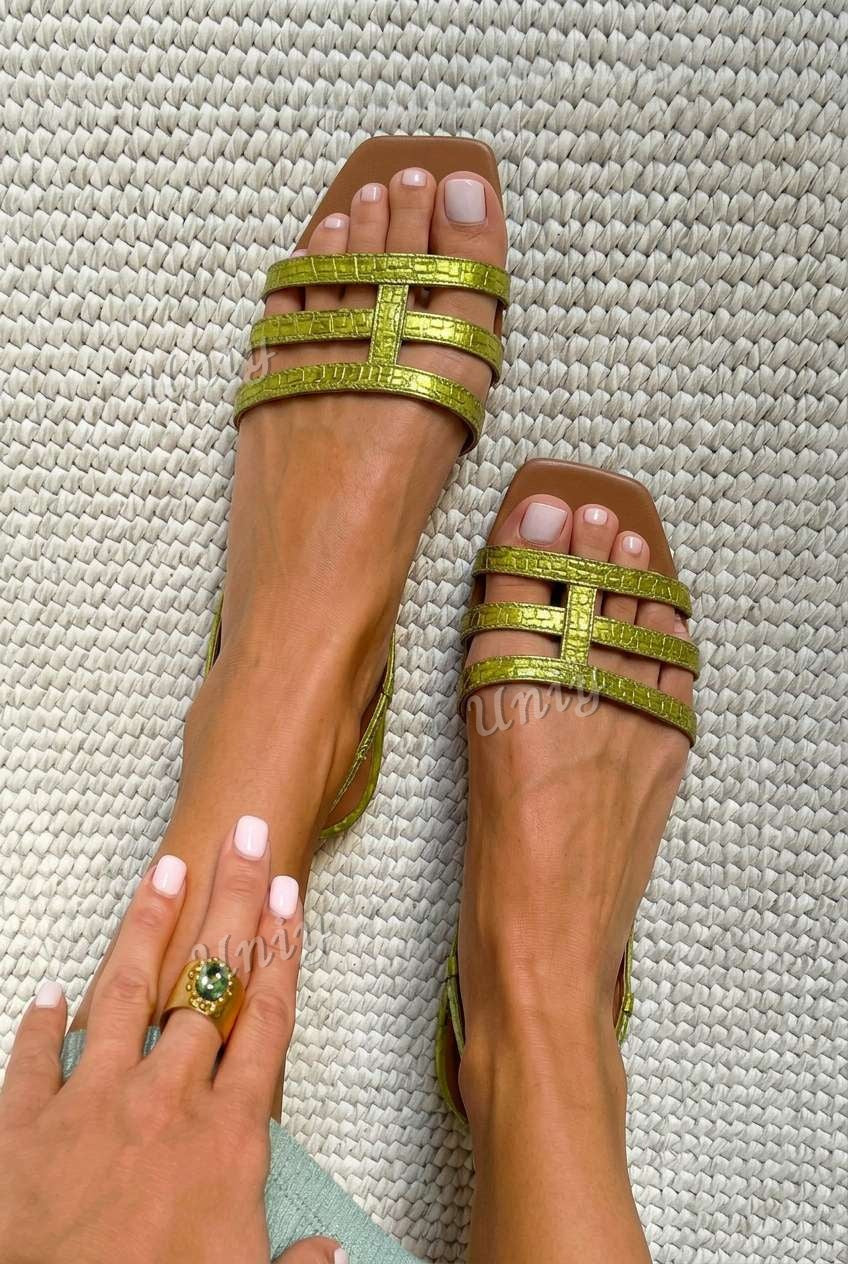 Strappy Crocodile Embossed Square Toe Flat Sandals [Pre Order]