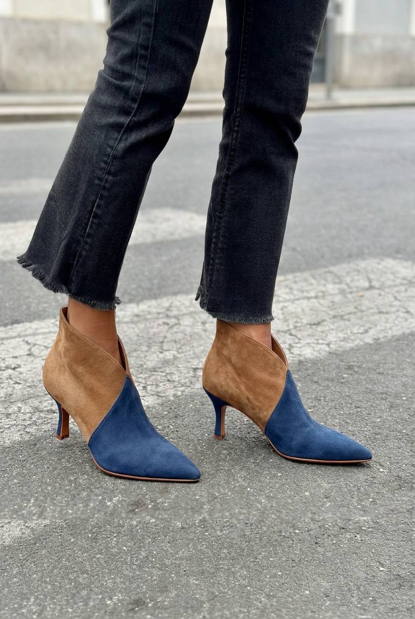 Contrast V-Cut Pointed Toe Kitten Heel Booties [Pre Order]