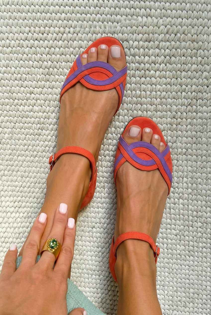 Suede Interlocking Open Toe Ankle Strap Flat Sandals [Pre Order]