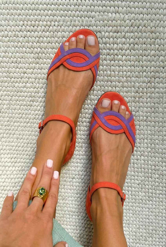 Suede Interlocking Open Toe Ankle Strap Flat Sandals [Pre Order]