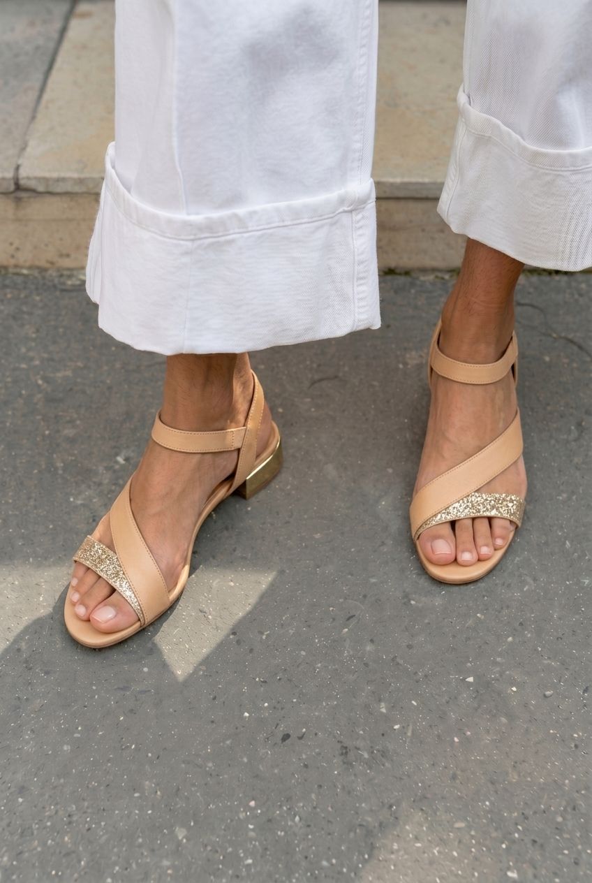 Glitter Accented Asymmetrical Strap Low Heel Sandals [Pre Order]