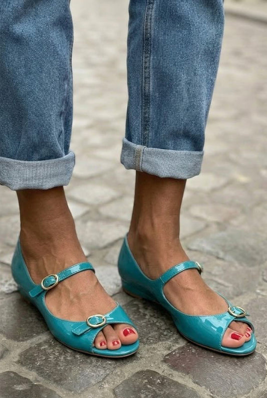 Teal Patent Peep Toe Double Buckle Teal Mary Jane Flats [Pre Order]