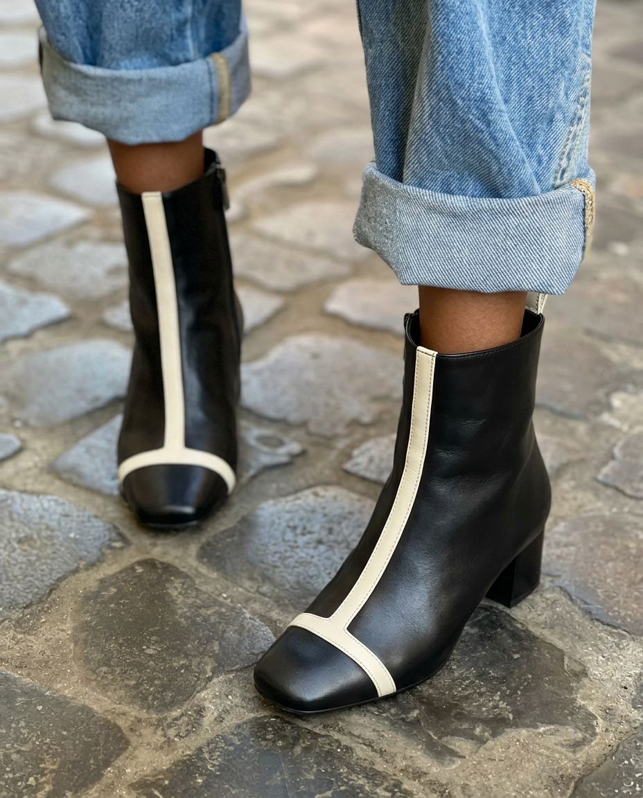 Contrast Stripe Square Toe Block HeelAnkle Boots [Pre Order]