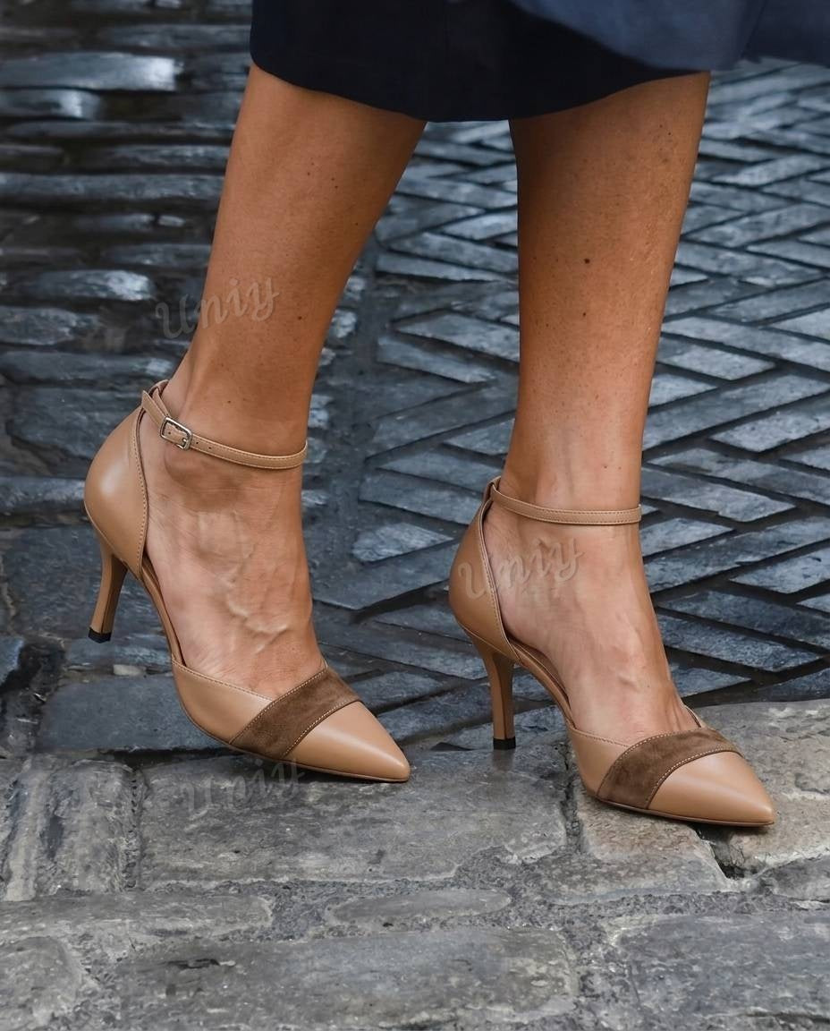 Suede Accent Pointed Toe Ankle Strap Kitten Heel Pumps [Pre Order]