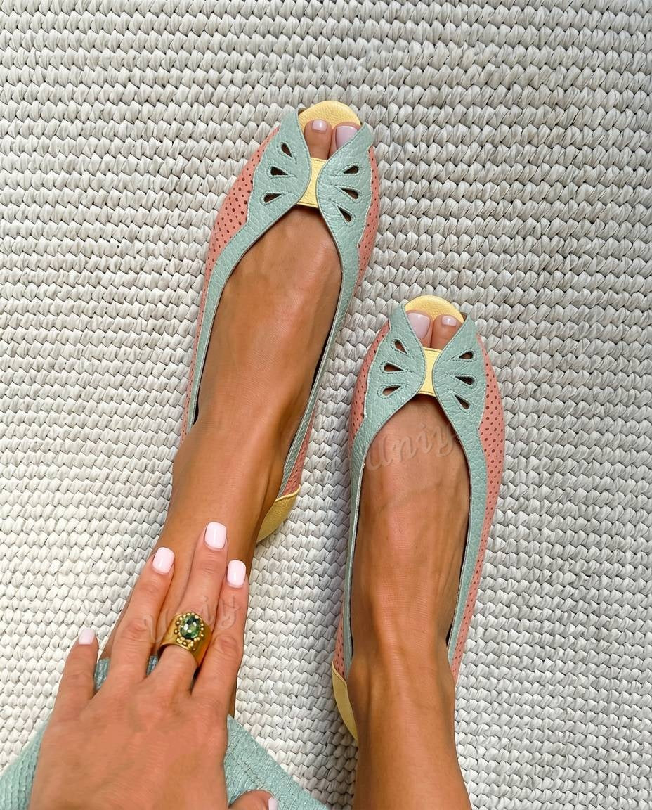 Perforated Cutout Peep Toe Flat Ballet Flats [Pre Order]