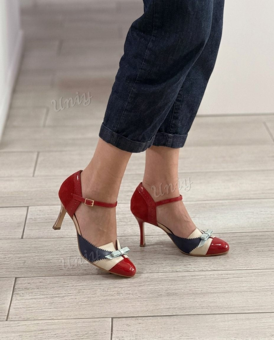 Scalloped Bow Cap Toe Ankle Strap Stiletto Pumps [Pre Order]