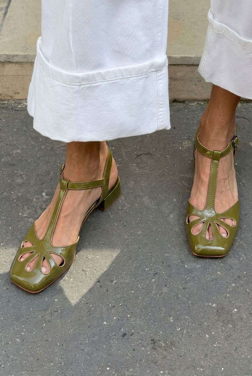 Floral Cutout Square Toe T-Strap Orange Block Heels