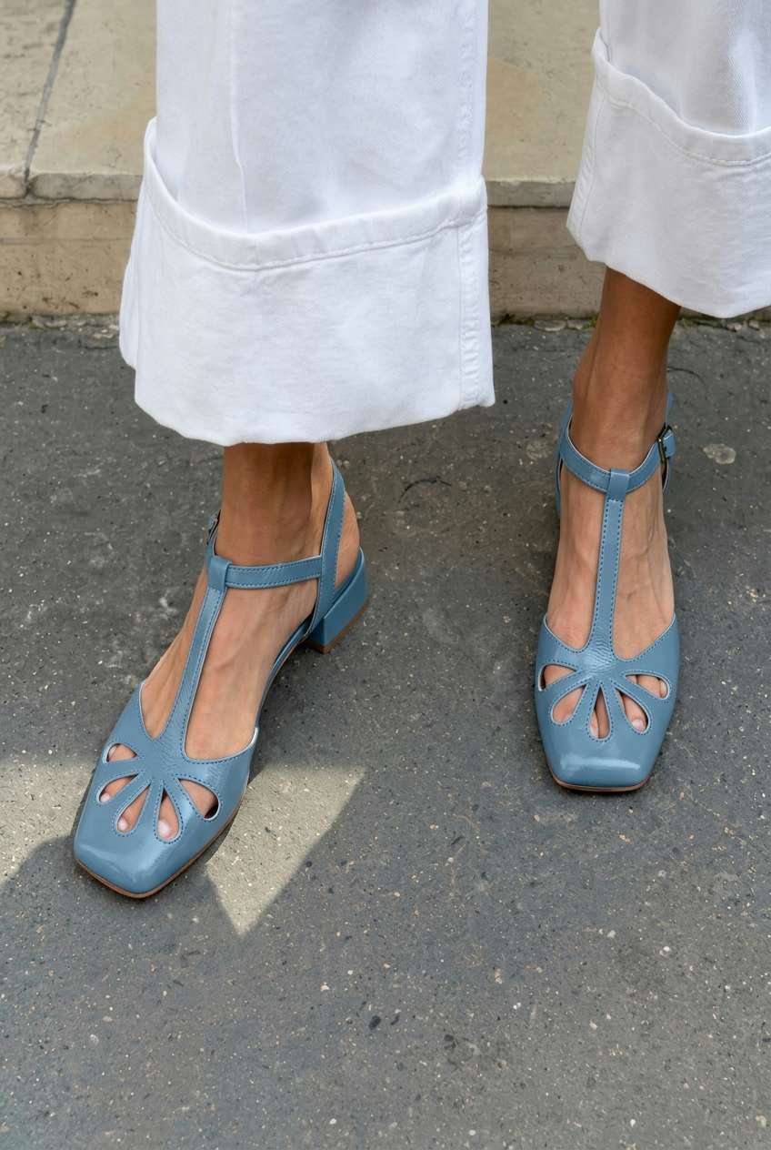 Floral Cutout Square Toe T-Strap Orange Block Heels