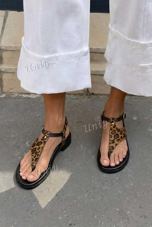 Animal Print T-Strap Flat Casual Sandals [Pre Order]