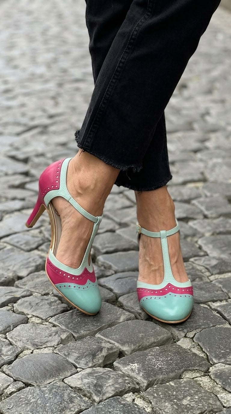 Teal Pink Two-Tone Brogue Perforated T-Strap Heels [Pre Order]