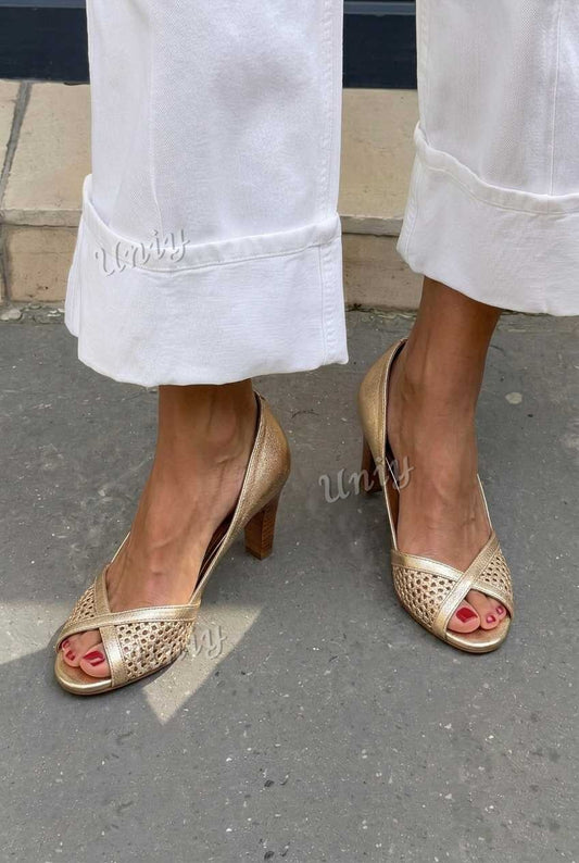 Woven Crisscross Peep Toe Block Heel Pumps [Pre Order]