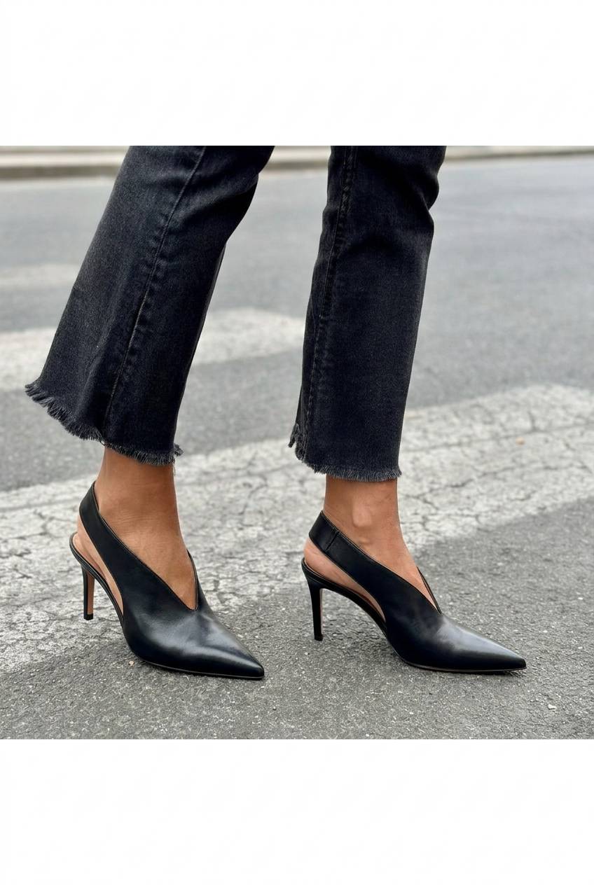 Deep V-Cut Pointed Toe Slingback Stiletto PumpsCOLOR: Black [Pre Order]