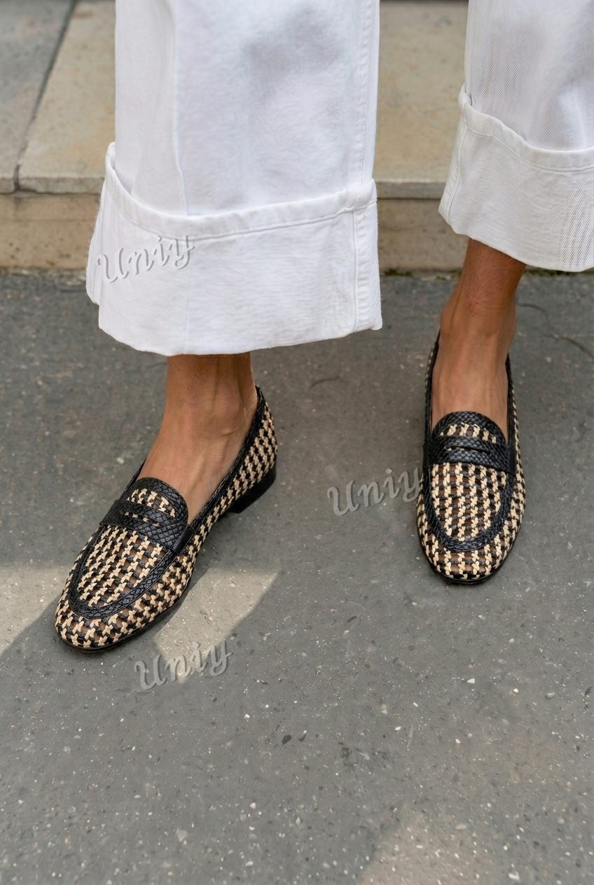 Woven Leather Penny Round Toe Flat Loafers [Pre Order]