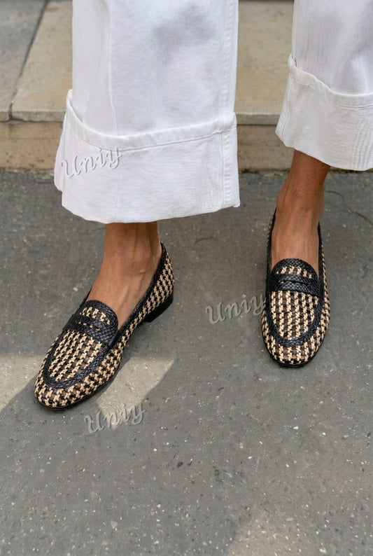 Woven Leather Penny Round Toe Flat Loafers [Pre Order]