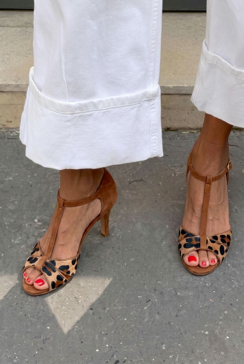 Animal Print T-Strap Peep Toe Slim Heel Sandals [Pre Order]
