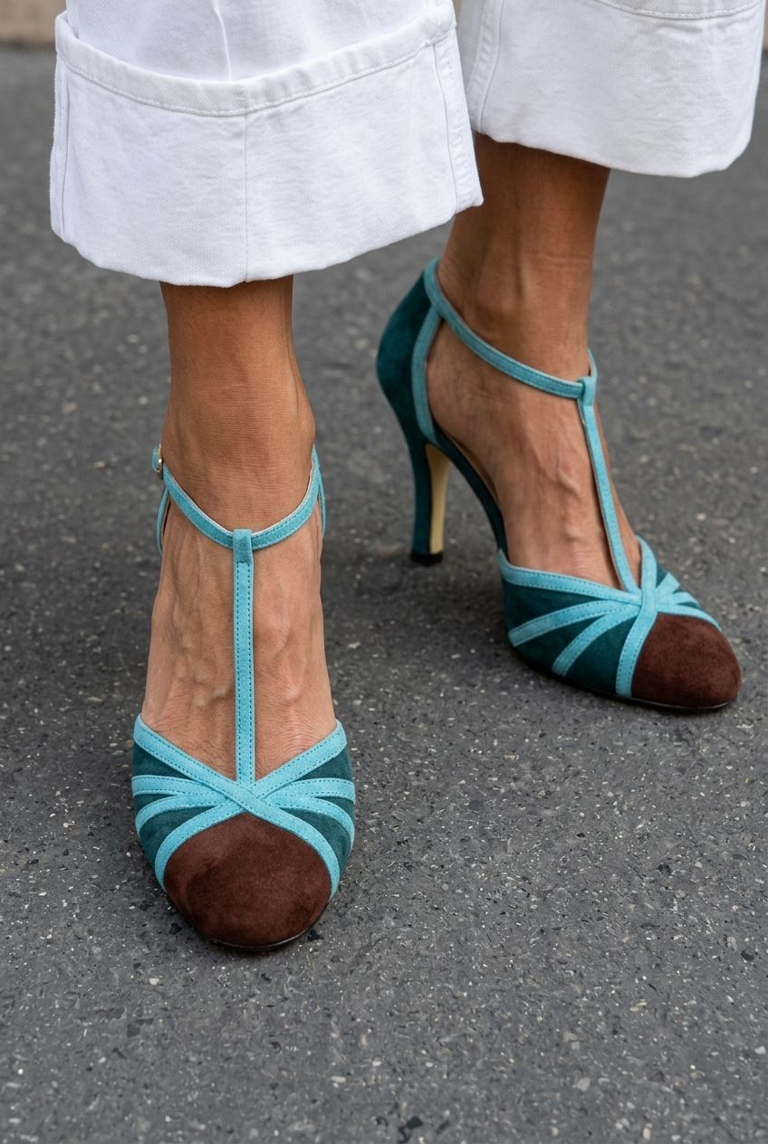 Retro Paneled Round Toe T-Strap High Heels [Pre Order]