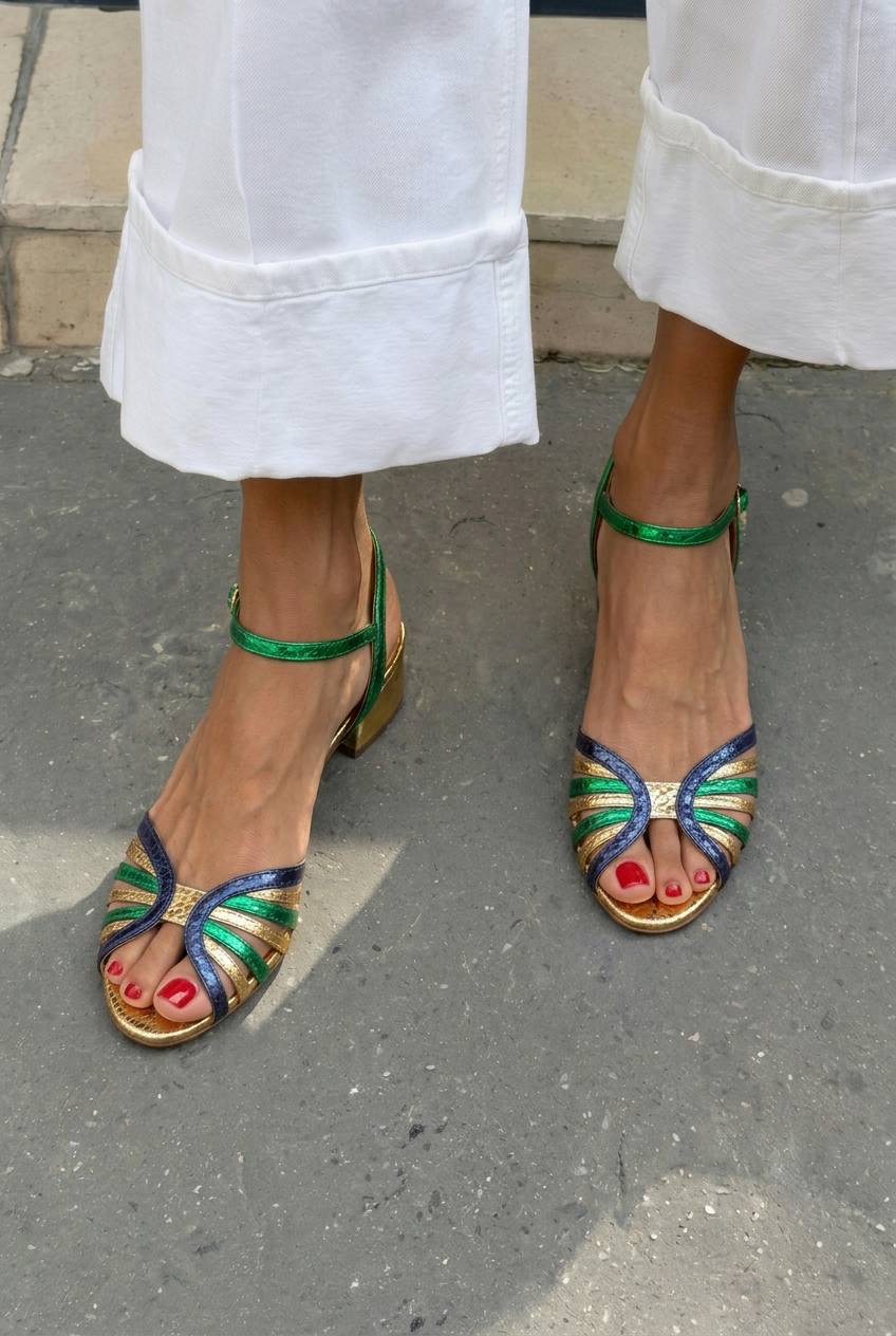 Strappy Sunburst Open Toe Low Block Heel Sandals [Pre Order]