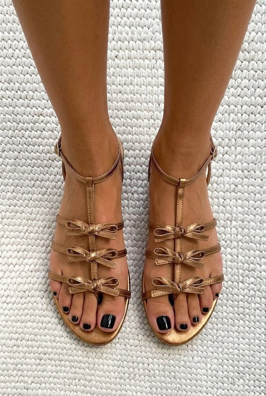 Bow T-Strap Open Toe Flat Casual Sandals [Pre Order]