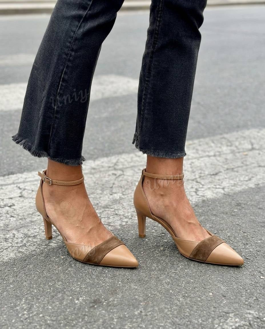 Suede Trim Pointed Toe Ankle Strap Kitten Heel Pumps [Pre Order]